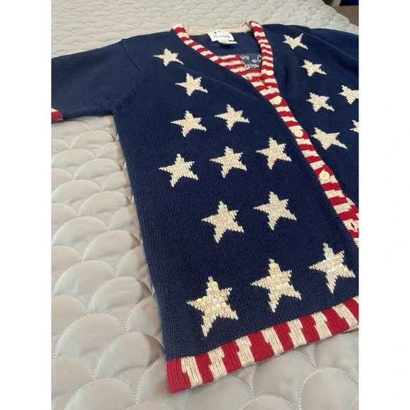VTG Quacker Factory Blue Sweater American Flag Stars Patriotic Cardigan Sz M - Picture 3 of 7